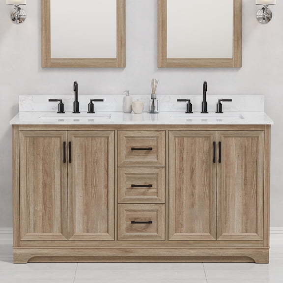 Retford 60" Double Bathroom Vanity, 61" W x 22" D x 34.5" H, Carrara White Engineered Marble Top with 2 Sinks & Backsplash, Light Wood, MDF, Pre-Assembled, Soft-Closing Drawers and Doors.