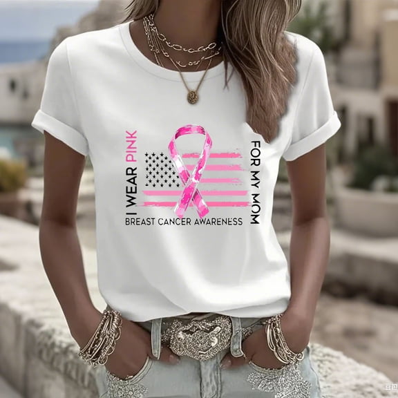 Nfurl Womens Breast Cancer T Shirts Plus Size Pink Ribbon Graphic Tee Shirt Loose Casual Short Sleeve Tshirts Breast Cancer Awareness Clothes White,XXXXXL