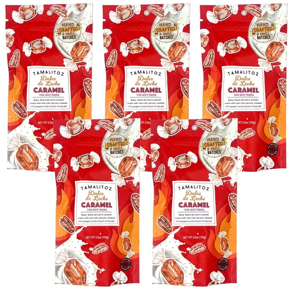 Tamalitoz Dulce de Leche – The Hot Mama – Creamy Caramel Candy with Mild Chili Heat & Toasted Pecans – Handcrafted Mexican Treat, Small Batch, Gluten-Free & Kosher – 5 Bags (3.5oz Each)