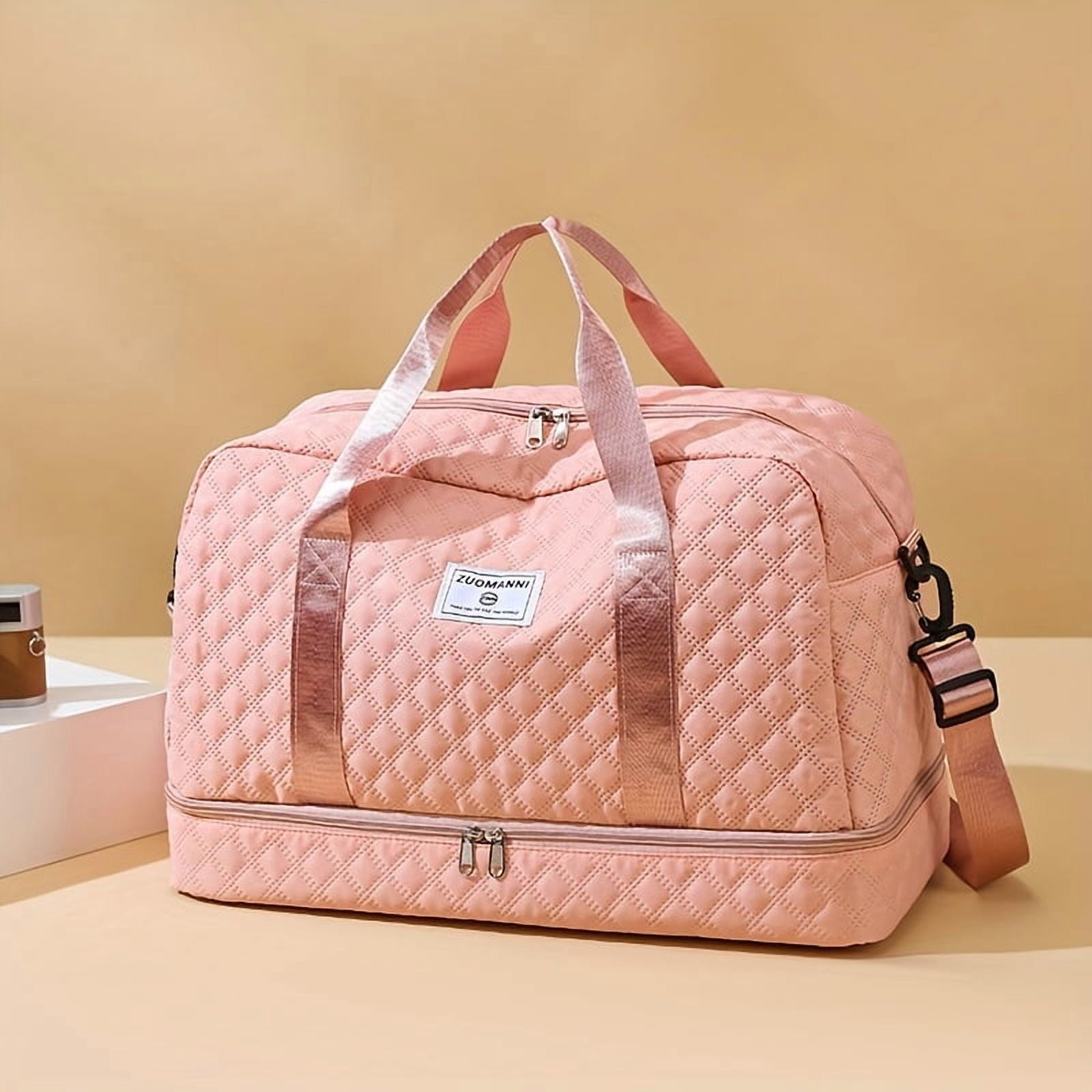 Travel Duffel Bag, Model for Women, with Wet Pocket, 1-Pack, Medium Size - Grid-Pink for Overnight, Gym, Hospital Use