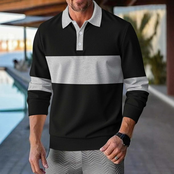 pstuiky camisas de manga larga para hombre, Camiseta de manga larga con solapa y botones de color liso para hombre salir tops m