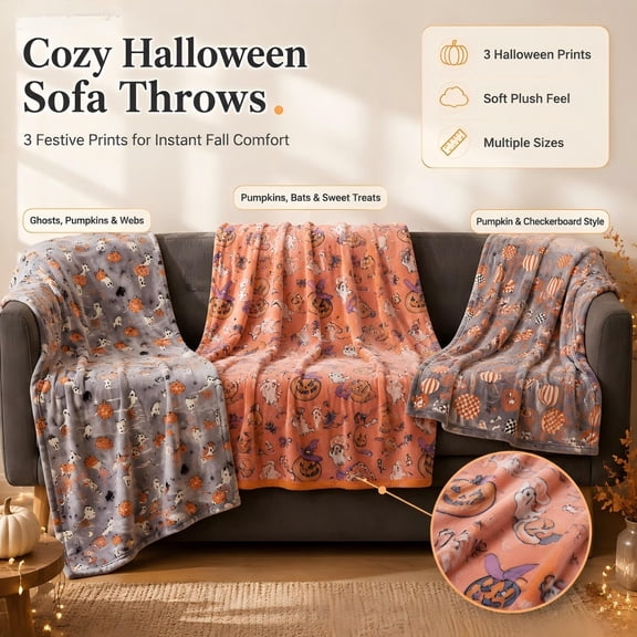 Halloween Throw Blanket Cozy Soft Flannel Fleece Sofa Cover Cute Ghost Pumpkin Pattern Warm Plush Bed Blanket for Living Room Couch Decor Gray 30x39in