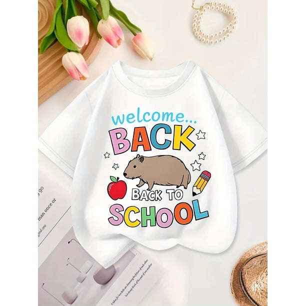 Welcome Back to School" Girls' T-Shirt - Cute Cartoon Capybara & School Supplies Print, Cotton Crew Neck Short Sleeve Top, Casual Summer Style for Youngsters, School Supplies Tee