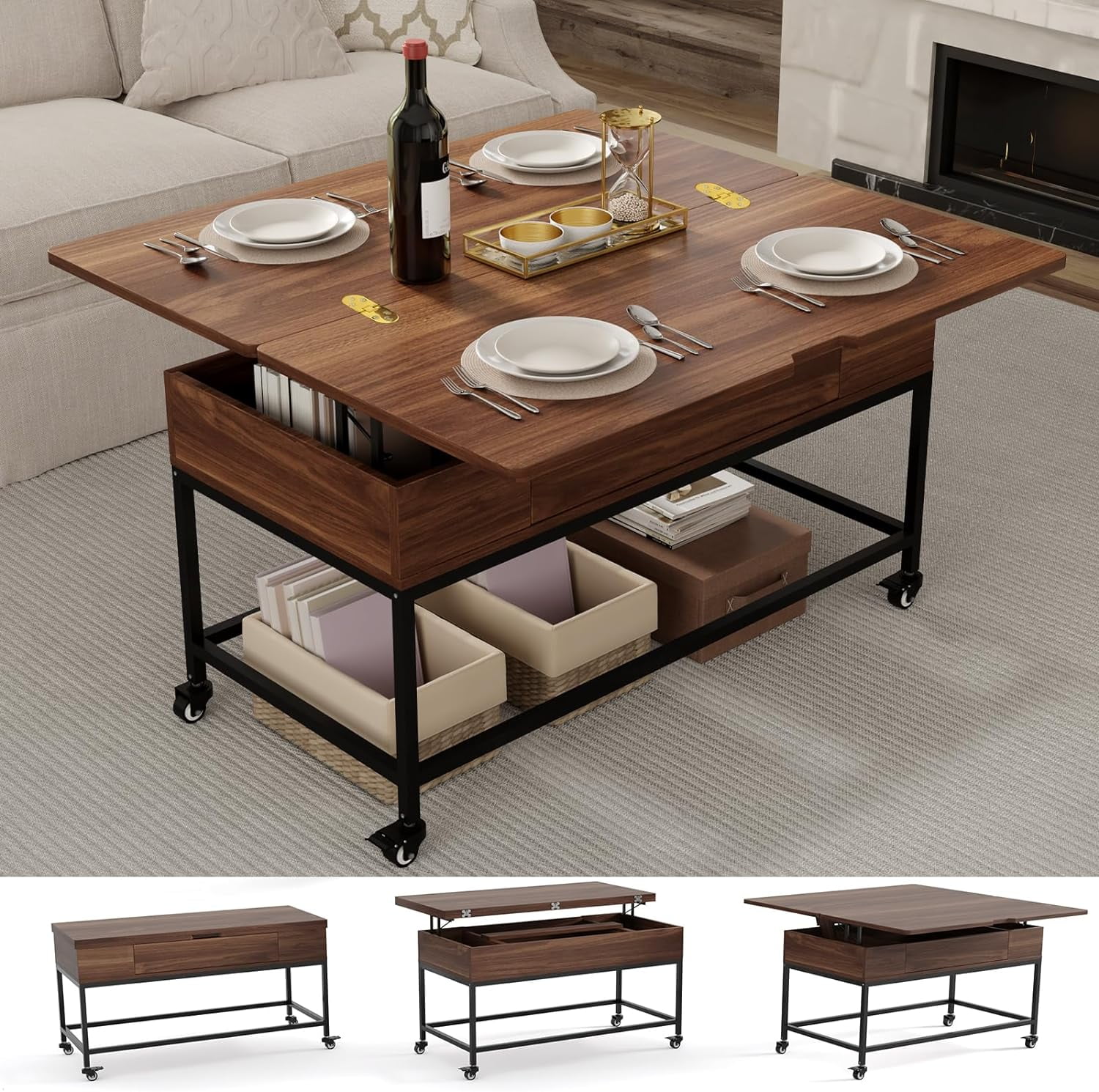 3 Modes Lift Top Coffee Table with hidden Drawer Storage for Living Room&Dining Room, Walnut