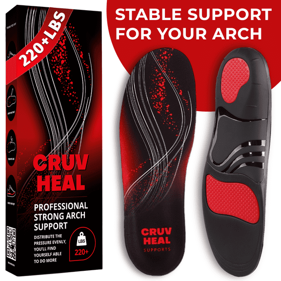 CRUVHEAL Insoles 220 lbs High Arch Support for Men Women Plantar Fasciitis Comfort (L, Black)