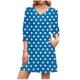 thumbnail image 2 of Uscallm Women's Polka Dot V Neck 3/4 Sleeve Mini Dress A-Line Swing Ruffle Loose Boho Casual Travel Dresses, Blue L, 2 of 7
