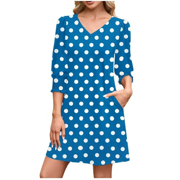 Women's Polka Dot Print T-Shirt Dress Casual 3/4 Sleeve V-Neck Loose-Fit Dress With Pockets