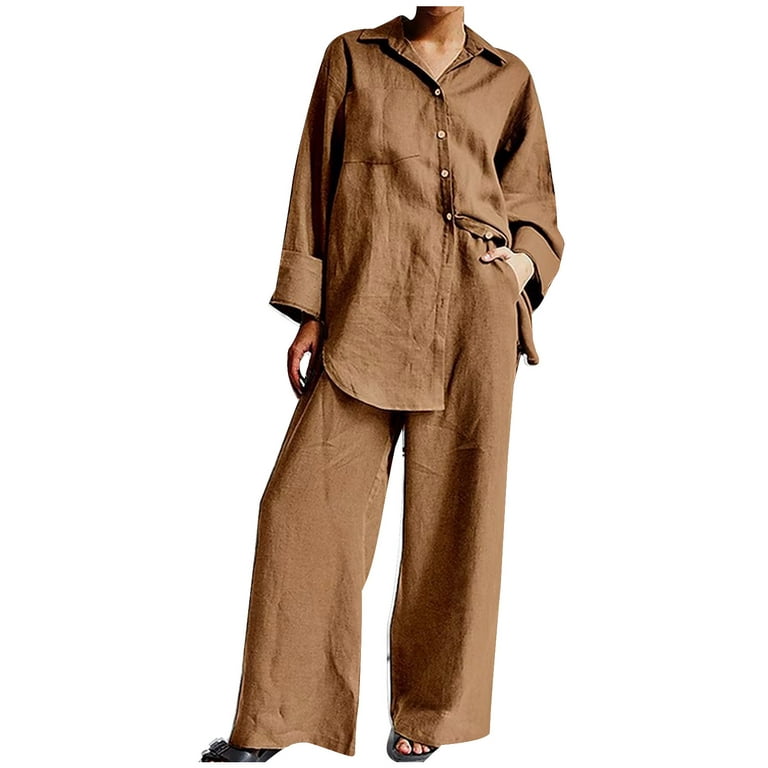 Women's Cotton Linen 2 Piece Outfit Clearance Long Sleeve Elegant Lounge  Sets Loose Clothes for Ladies Solid Color Button Down Shirt Wide Leg Pants