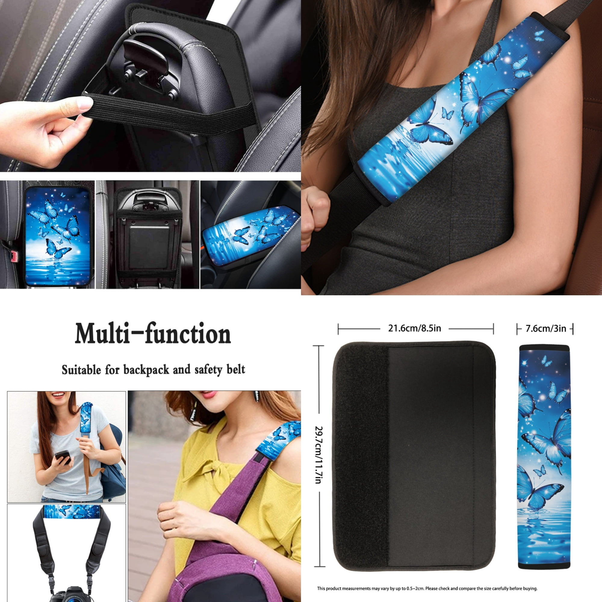Jeiento Sparkling Butterfly Car Seat Cover Full Set with Steering Wheel Cover Seat Belt Strap Pads Armrest Pad Coasters Keychain Lipstick Holder Blue 13 PCS Automobile Accessory Interior Decor