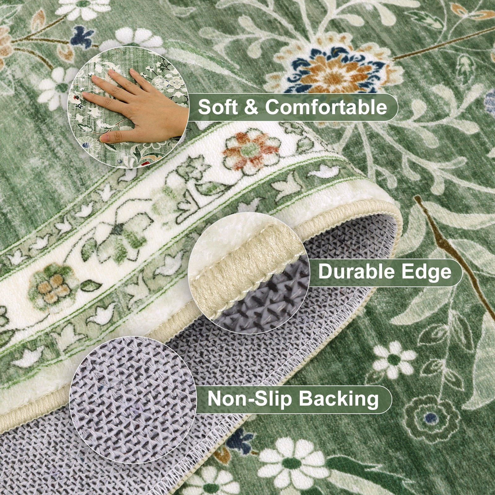 MJIAexp 3'x8' Boho Runner Rug,Non Slip Washable Floral Hallway Runner Rug with Rubber Backing, Low Pile Faux Wool Distressed Carpet for Kitchen, Laundry, Bedroom, Entrance,Green