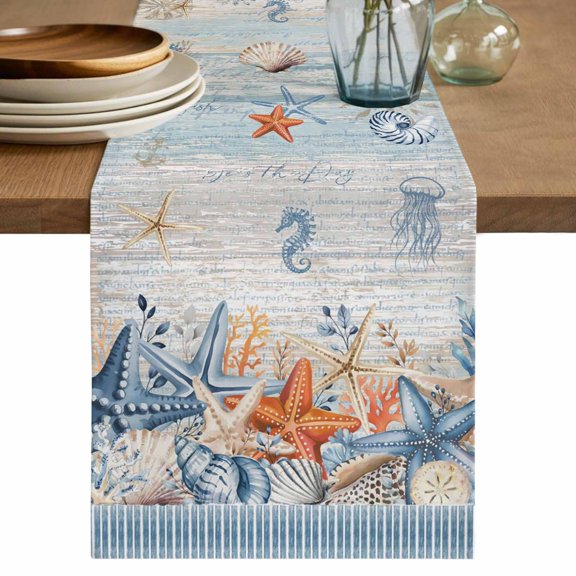 Orange Blue Starfish Coastal Table Runner 72 Inches, Beach Nautical Coral Shell Vintage Bed Runner Dresser Scarves Tabletop for Indoor Outdoor Parties/Ceremony/Banquet, 18" x 72"