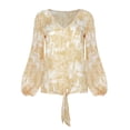 thumbnail image 3 of QELUSQELUS Women Lantern Long Sleeve V Neck Tie Knot Tie-dye Chiffon Outside Tops, 3 of 4