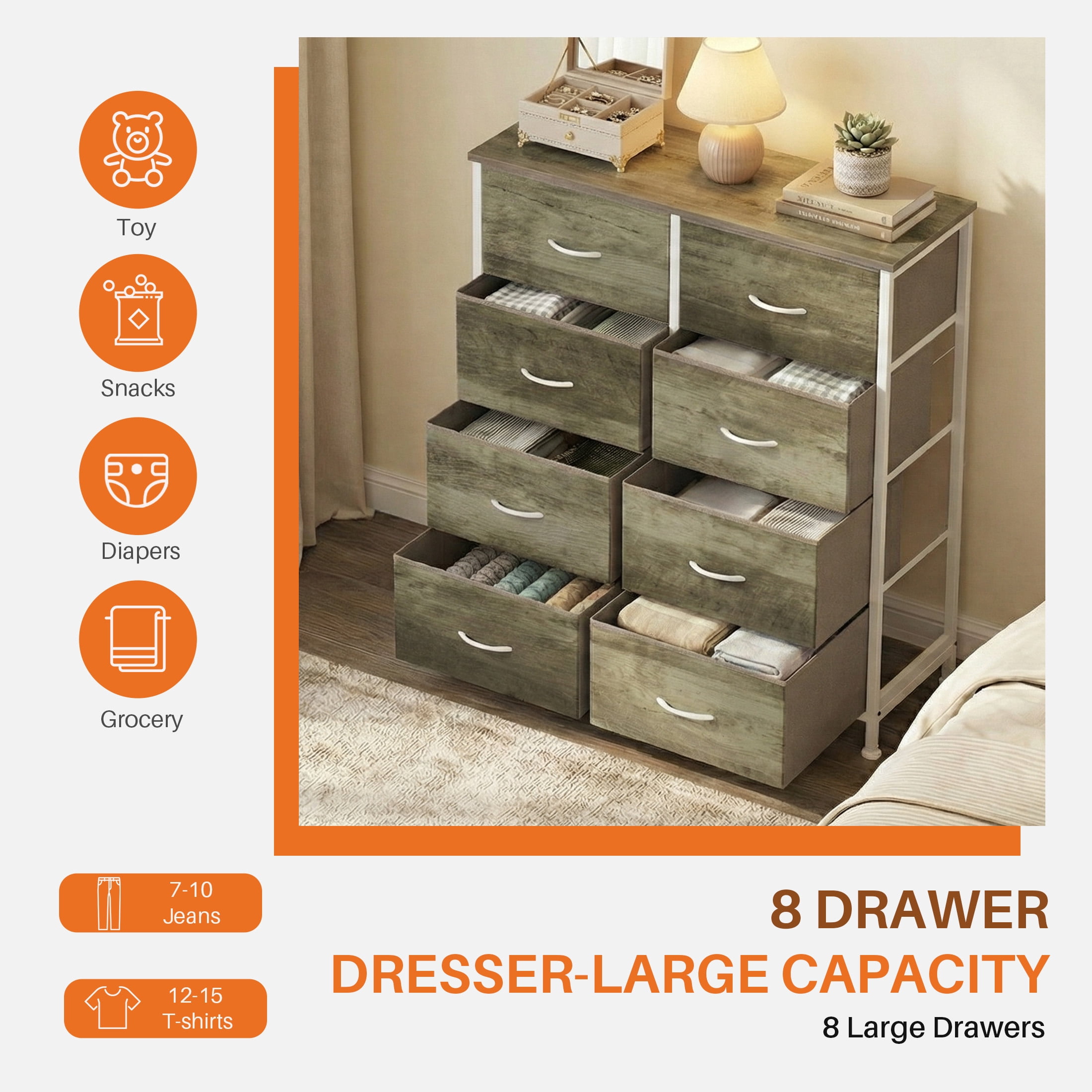 CONCETTA 8-Drawer Fabric Dresser Storage Chest for Bedroom, Closet, Entryway, Storage Furniture for Adults, Oak