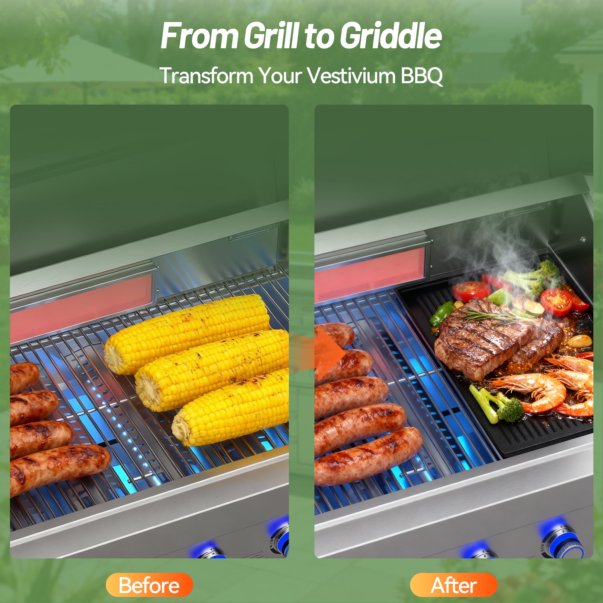 Reversible Cast Iron Grill Griddle, 18x14 Inch Double Sided Pre-Seasoned, 0.8" Thick Flat Top & Ribbed Plate for Outdoor Cooking, Fits Most 18-22 Inch Gas & Charcoal Grills