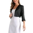 thumbnail image 4 of Satin Cardigan for Women's 3/4 Sleeve Open Front Cropped Office Work Bolero Shrug M Black, 4 of 5