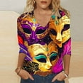 thumbnail image 2 of Tmtolofot Mardi Gras Womens Shirts 3/4 Sleeve Blouses Vneck Pullover Shirts Loose Tunic Clothing Mask Printed Carnival Psrty Costume,#4_Purple,Large, 2 of 4
