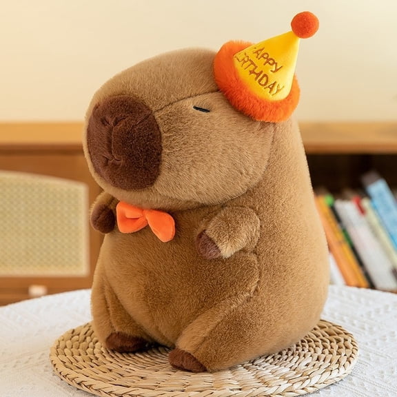 Cute Capybara Plush Toy with Birthday Hat, Soft Stuffed Animal Plush Doll Kawaii Plush Decor Gift for Friends Teens Adults Home Desk Decoration