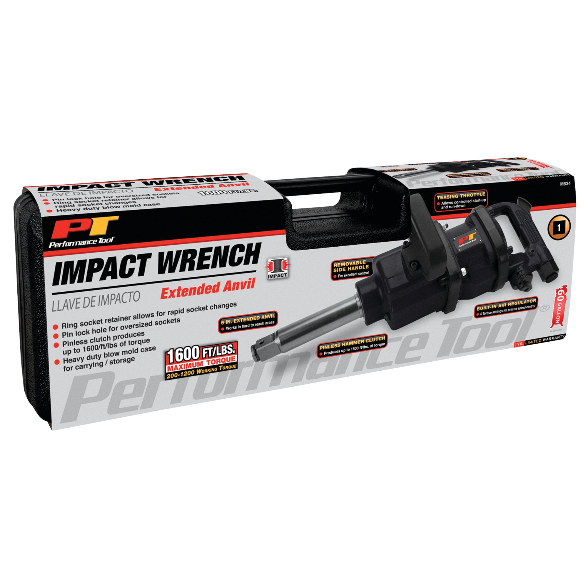 Performance Tool M634 1-Inch Heavy Duty 1-Inch Air Impact Wrench Gun Long Shank Commercial Truck Mechanics w/Case & 6-Inch Anvil
