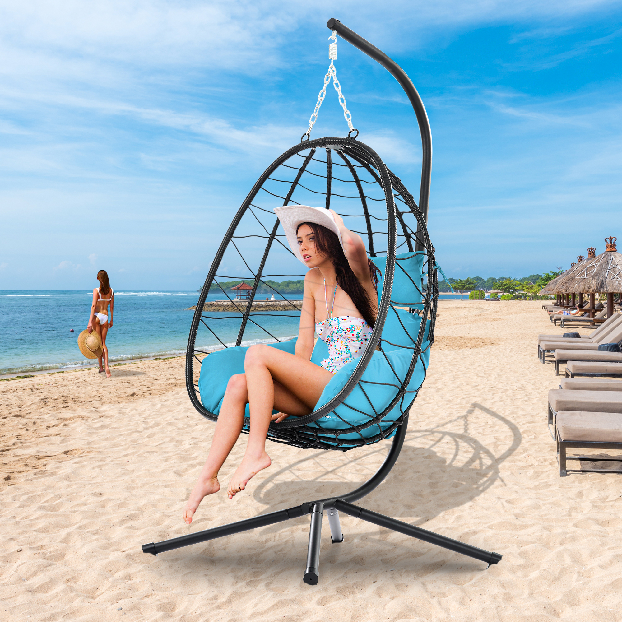 Egg Chair, Indoor Outdoor Patio Wicker Hanging Chair with Stand, Hanging Swing Chair w/ Cushion, Durable All-Weather UV Rattan Lounge Chair for Bedroom, Patio, Deck, Yard, Garden, 350lbs, Blue, SS1968 - image 2 of 9
