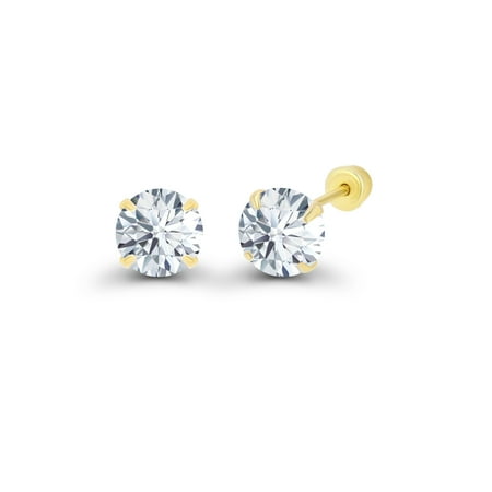 Decadence 14k Yellow Gold Hypoallergenic Round Cubic Zirconia April Birthstone CZ Solitaire Stud Earrings With Secure Ball Screw Backs, 4mm