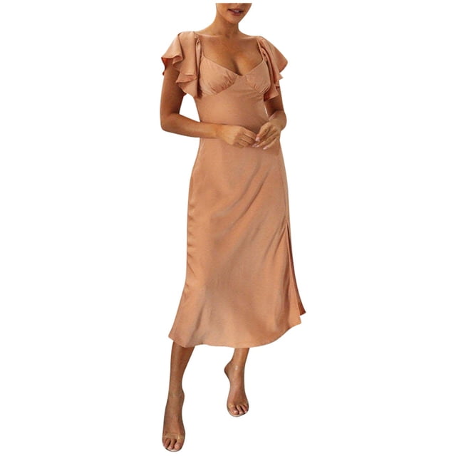 XDZJLR Robes Femmes Été Élégantes Manches Courtes Col en V Dos Nu Fente et Robe de Tenue