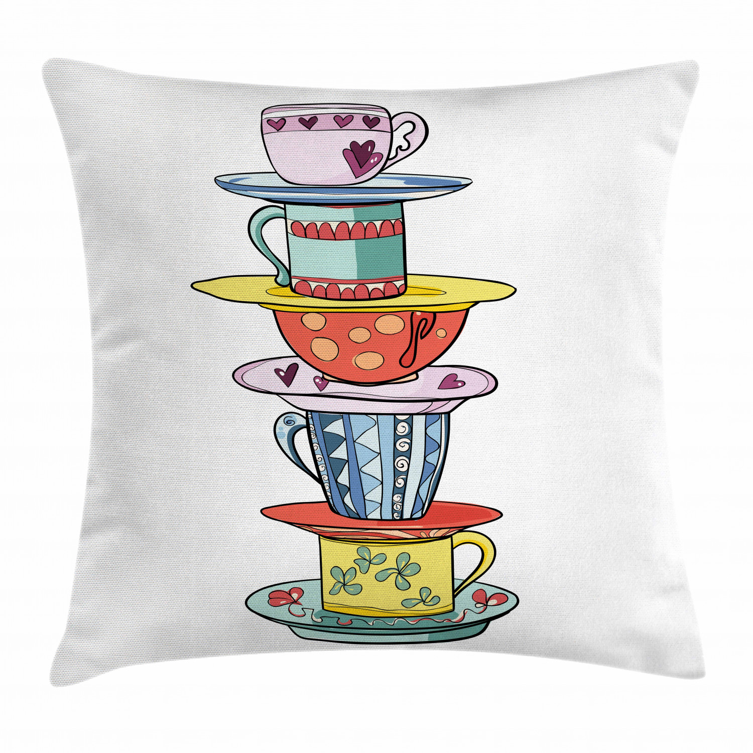 Tea Throw Pillow Cushion Cover, Ornamental Old Fashioned Tea Cups with