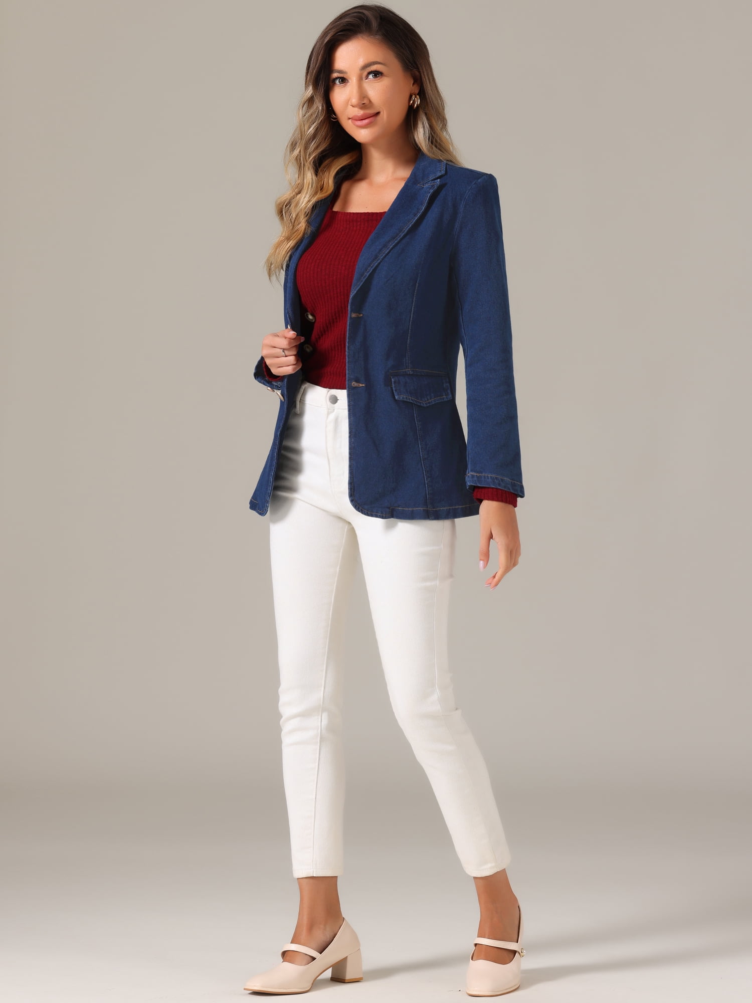 DARING DIVA Women's Notched Lapel Denim Blazer Work Pad Jean Jackets S Dark Blue
