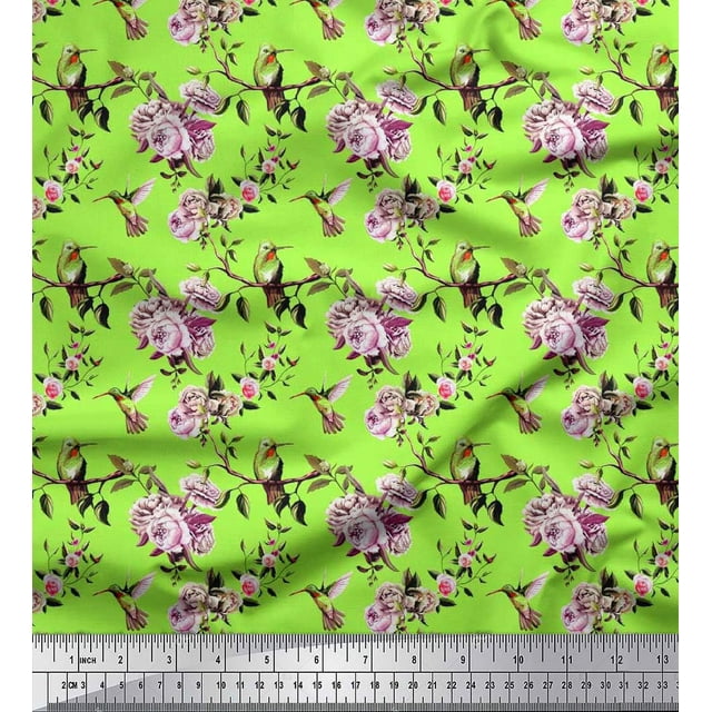 Soimoi Rayon Fabric Hummingbird,Leaves & Rose Floral Print Fabric by Yard 56 Inch Wide