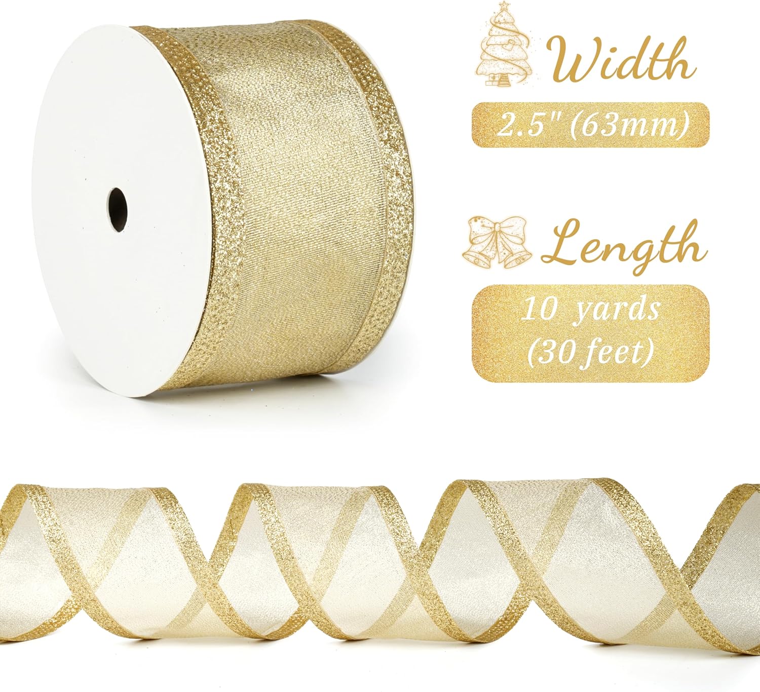 Gold Christmas Ribbon Wired 2.5 Inch Metallic Gold Wired Ribbon with Glitter Stripe, Gold Ribbon for Christmas Tree, Wreaths Supplies, Swag, Garland, Holiday Decor- 10 Yards