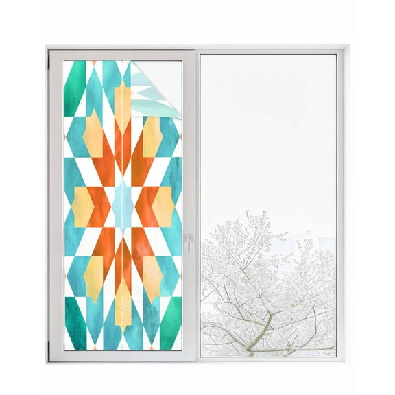Window Privacy Film Colorful Boho Geometric Stained Glass Window Film Decorative Sun Block Window Cover Modern Abstract Ethnic Pattern Window Clings Static Adhesive Sticker for Bathroom 29.5"x78.7"