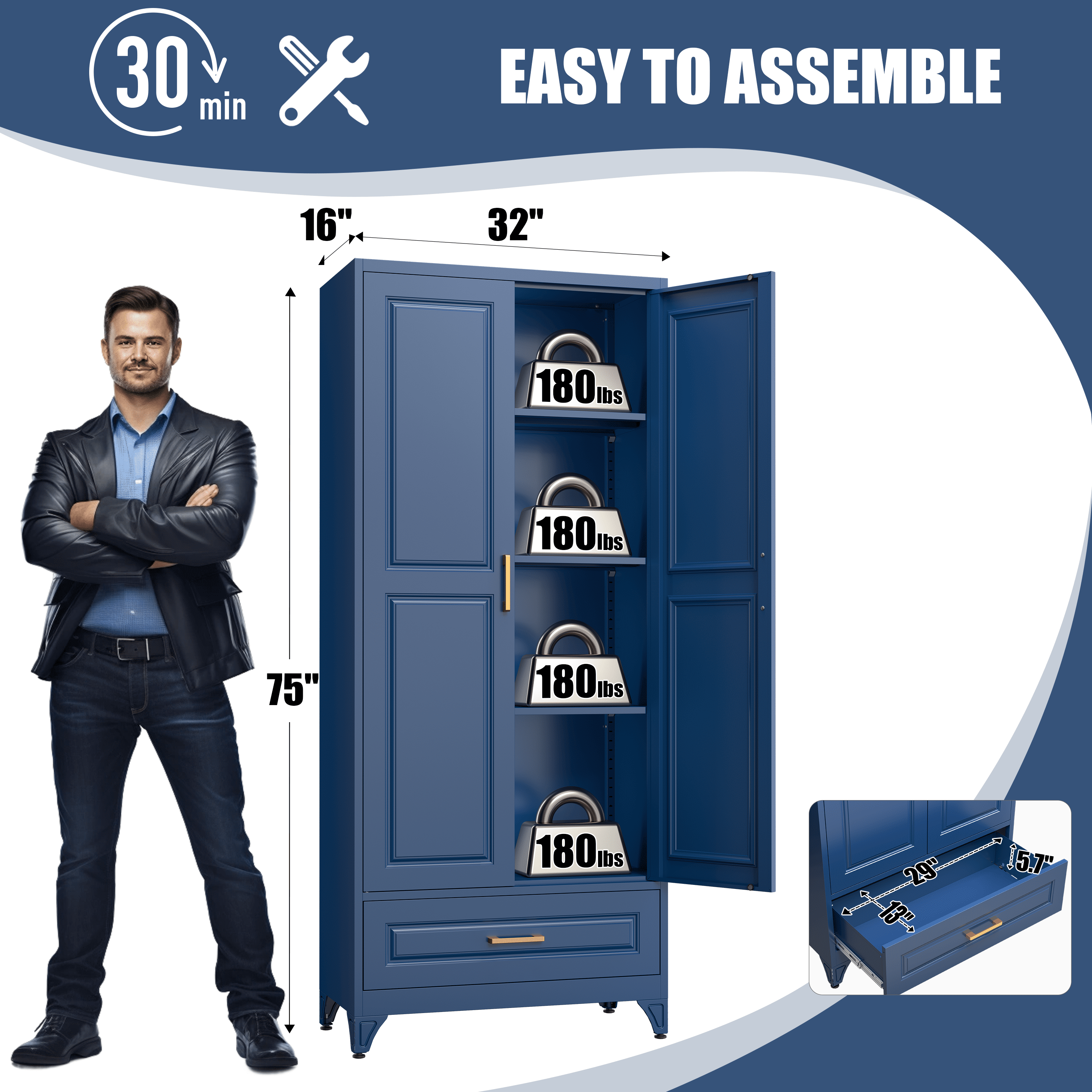 Polup 75" H Blue Kitchen Pantry Storage Cabinets with Drawers, Doors and Adjustable Shelves, Steel Large Cupboard