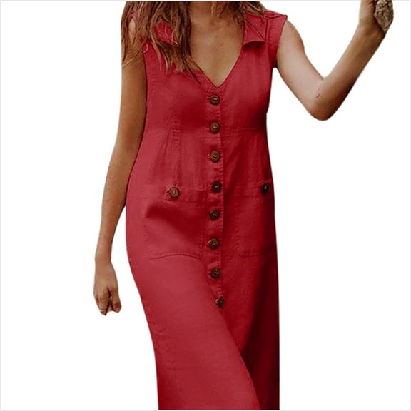 IROINNID Women's Sleeveless Sundress V-Neck Summer Casual Pocket Buttons Dress Regular Dress