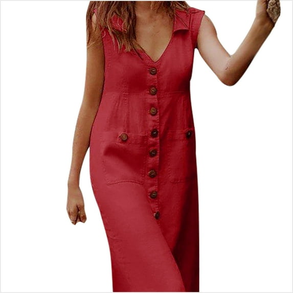 Bigersell Tank Dress Women Summer Casual Pocket Buttons Solid Off Shoulder Sleeveless Dress Women's Plus Skater Dress Style 9300, Female Full-Length Dresses Red XL