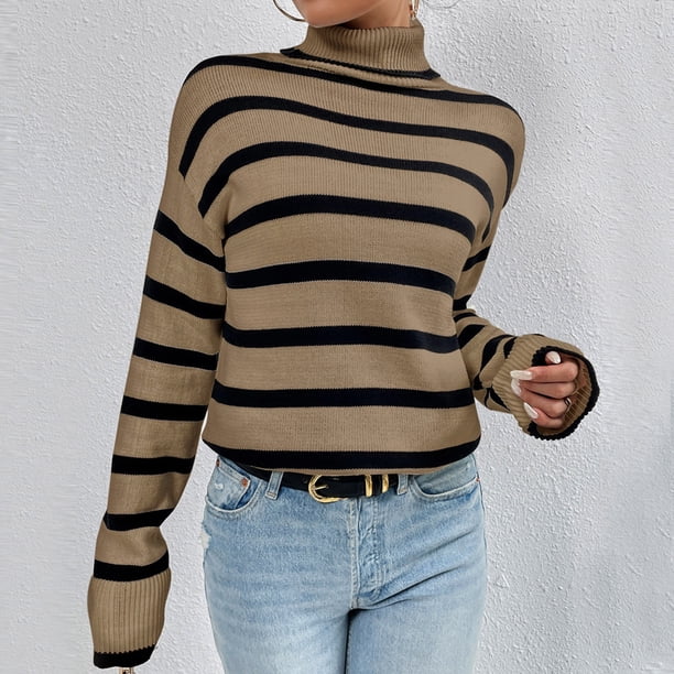 Prendas de punto a rayas de colores de contraste europeos y americanos para mujer 2023 Otoño e Invierno Tops de punto ajustados suéter con cuello alto