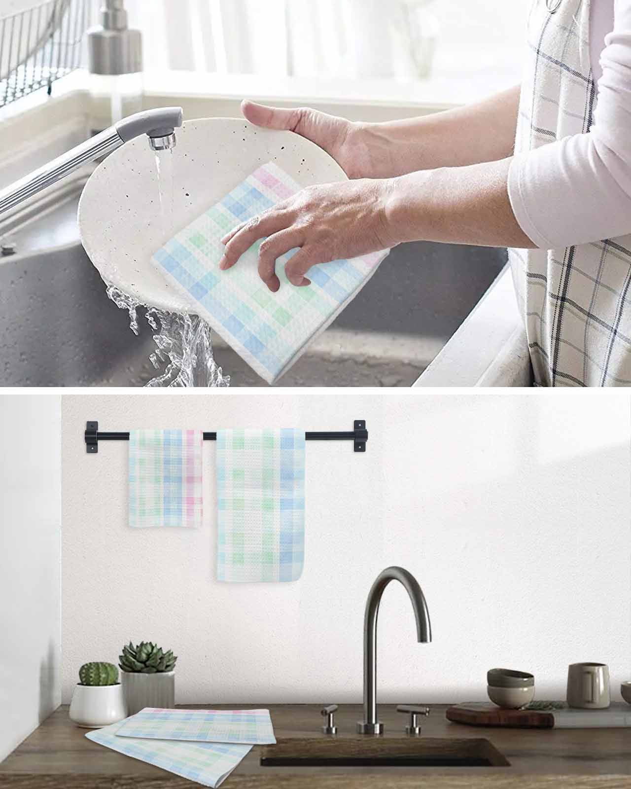 Blue Pink Plaid Dish Towels Set, Waffle Weave Kitchen Towels 4 Pieces, Pastel Green White Buffalo Patchwork Microfiber Hair Face Bath Tea Towel Absorbent Quick Drying Cleaning Dish Cloths 12"x12"