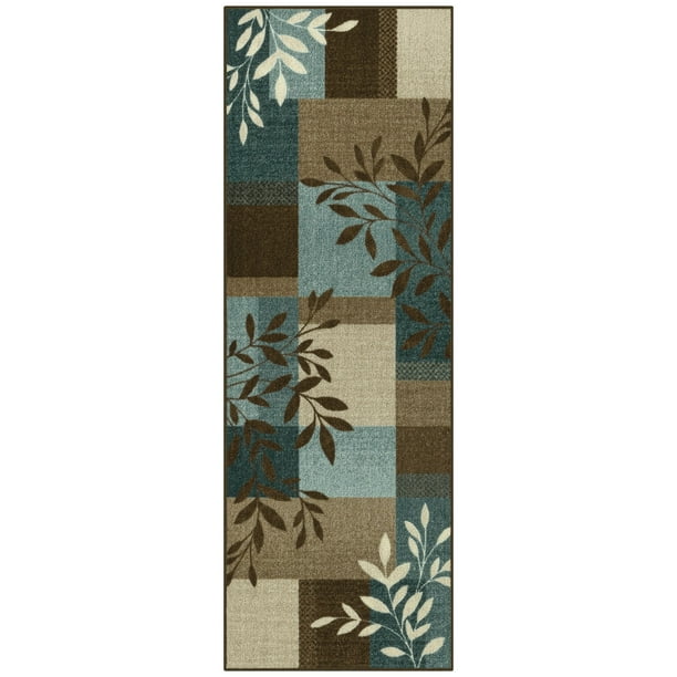 Mainstays Traditional Leaf Block Blue Brown Print Runner Rug, 1'8"x5