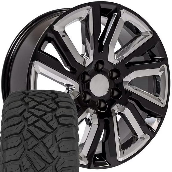 OE Wheels CV39 22 Inch Rims and Tires Fit Sierra 1500 Style 6x139.7 22x9 Gloss Black with Chrome Insert - Hollander 5901 - TerraMax RT 285/45-22 (Set of 4)