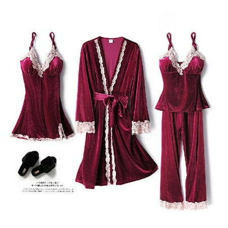 

PIKADINGNIS Women Pijama Fashion Velvet 4 Pieces Warm Winter Pajamas Sets Women Sexy Lace Robe Pajama Sleepwear Set Sleeveless Nightwear