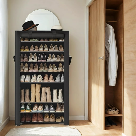 LEDREM 9-Tier Shoe Rack with Dustproof Cover, Storage Organizer for 40-50 Pairs of Shoes, Adjustable Shelves for Boots & Heels, 63 Inch, Black