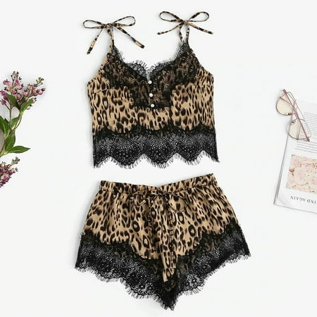 

Lingerie For Women Plus Size Ladies Black Leopard Print Lace Stitching Straps Bow Seductive Underwear