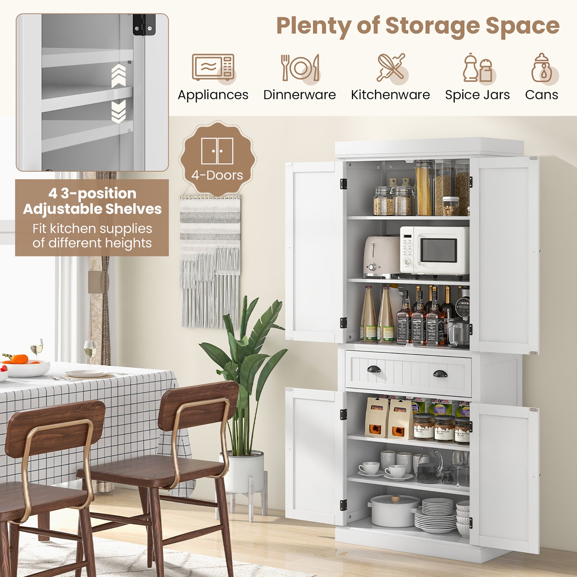 Gymax 72'' Kitchen Pantry Storage Cabinet Tall Freestanding Cupboard w/ 4 Doors Large Drawer White