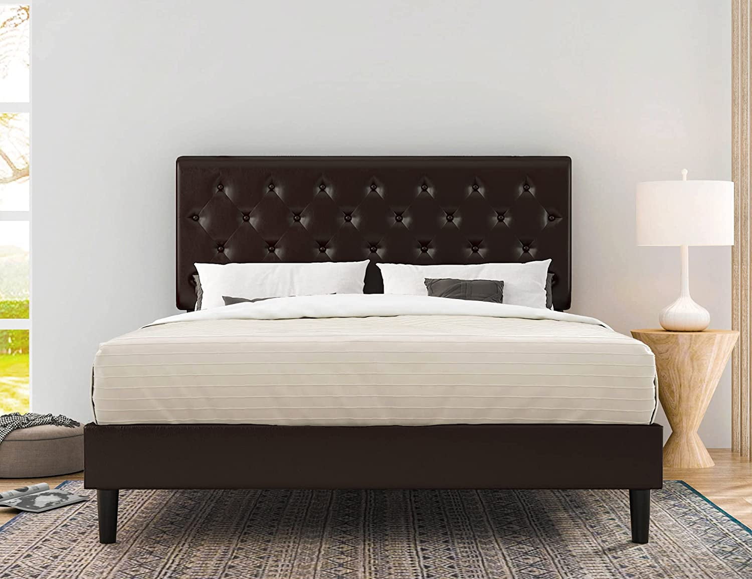 Faux Leather Upholstered Mattress Foundation SHA CERLIN Full Size Platform Bed Frame with Button Tufted Headboard No Box Spring Needed Wooden Slat Support White