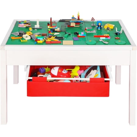 REDCAMP 2 in 1 Kids Activity Table with Storage Drawers, Wooden Construction Play Table with Detachable Blocks and Blackboard Tabletop, White