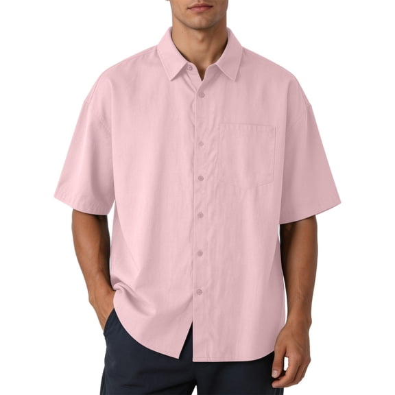 DeHolifer Mens Shirts Plus Size Button Down Solid Color Short Sleeve Casual Summer Shirts Pink 2XL