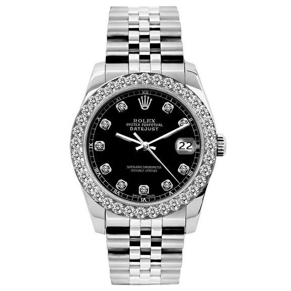 Pre-Owned Rolex Datejust 26mm Black Roman Dial Stainless Steel Bracelet Watch With Diamond Bezel
