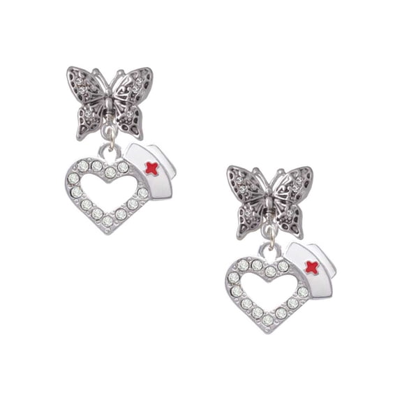 Delight Jewelry Silvertone Small Crystal Heart with Nurse Hat Silvertone Antiqued Butterfly Post Earrings
