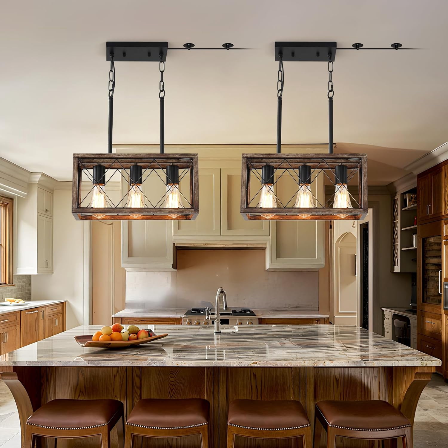 KEESFU 3-Light Farmhouse Pendant Light with Plug-in Cord, Rustic Wood Ceiling Fixture for Kitchen, Dining Room, Living Room