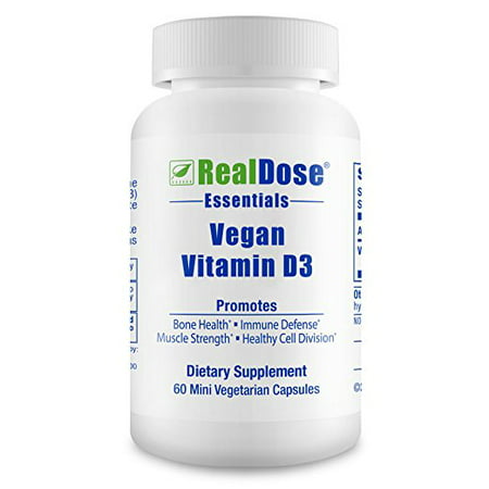 RealDose Nutrition Vegan supplément de vitamine D3 (cholécalciférol) 1000 UI - aide à maintenir des os, des muscles, des dents, la peau et la santé immunitaire - 60 Vegetarian Capsules