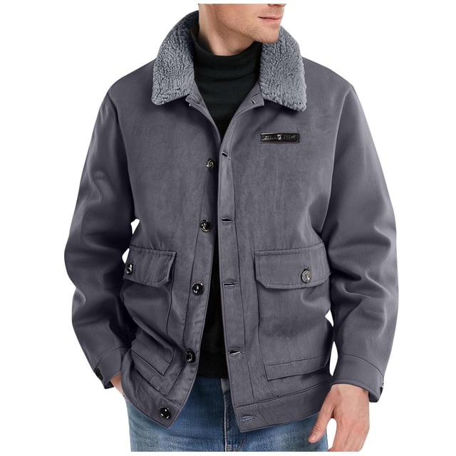 Men's Warm Fleece Jacket, Casual Style, Flared Collar, Long Sleeve, Button Closure