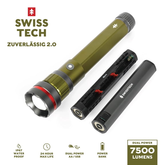 Swiss Tech 7500 Lumen LED Flashlight Rechargeable Dual Power AA/USB, Charging Bank, IP67 Waterproof